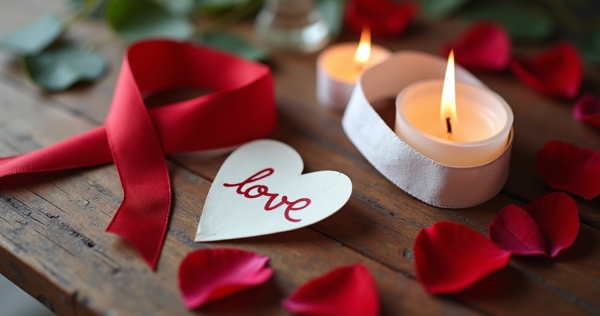 Mesa com fitas vermelhas e brancas, rosas, velas e elementos para ritual de amor 