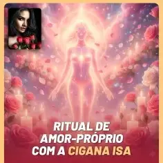 Figura feminina luminosa em ritual de amor-próprio cercada por velas e rosas