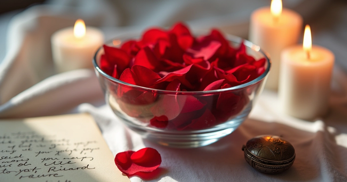 Ritual de amor com pétalas de rosa vermelha em tigela de vidro 