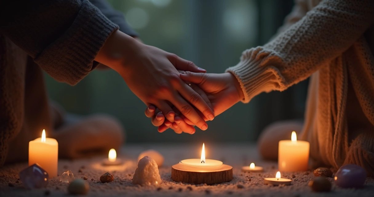 Ritual de conexão espiritual do amor com símbolos esotéricos e casal unido