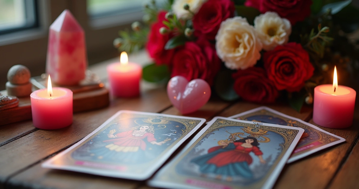 Ritual de amor com cartas de tarot, velas e flores para fortalecer relações 