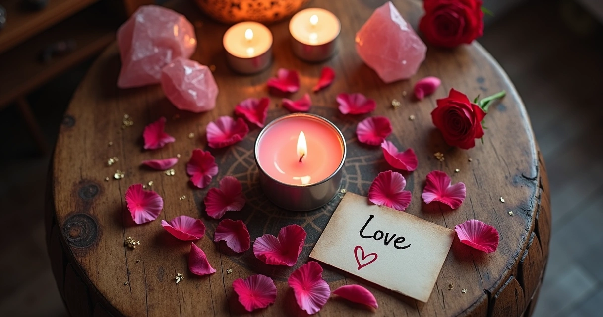 Mesa preparada para ritual de amor com vela rosa, cristais rosa e pétalas de rosa 