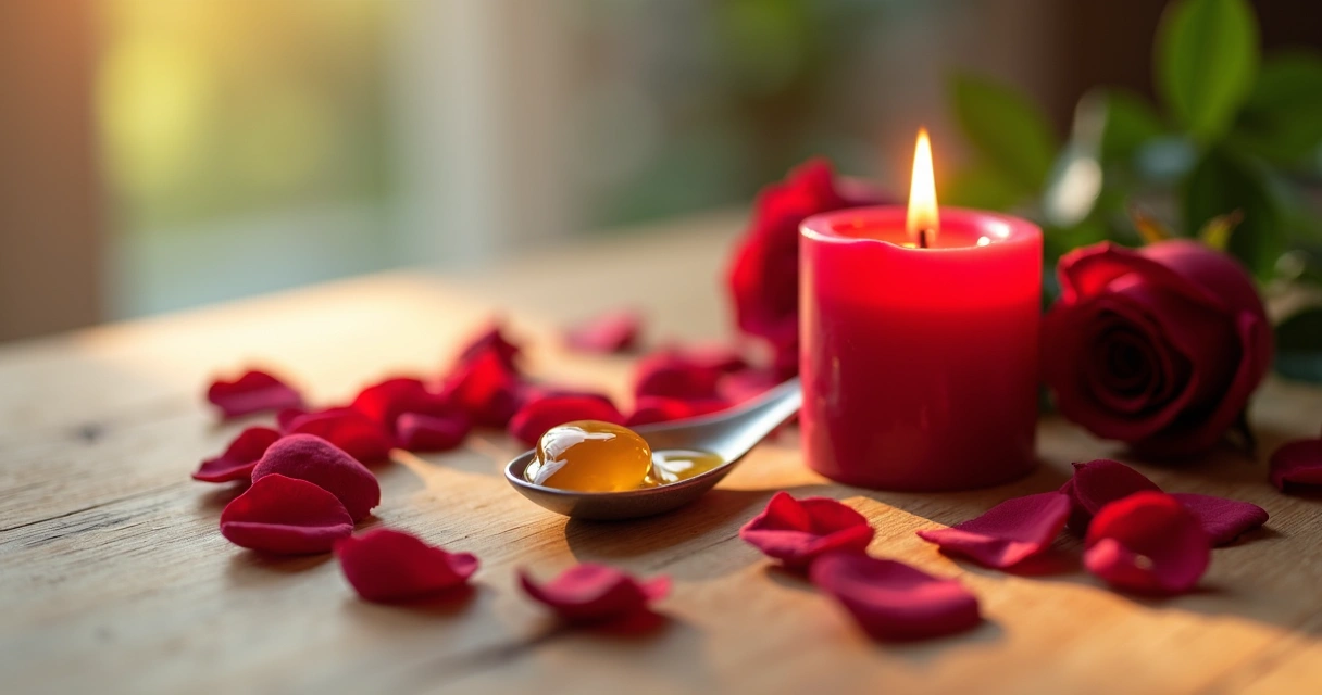 Velas vermelhas acesas, mel e rosas com pétalas espalhadas em mesa de madeira clara 