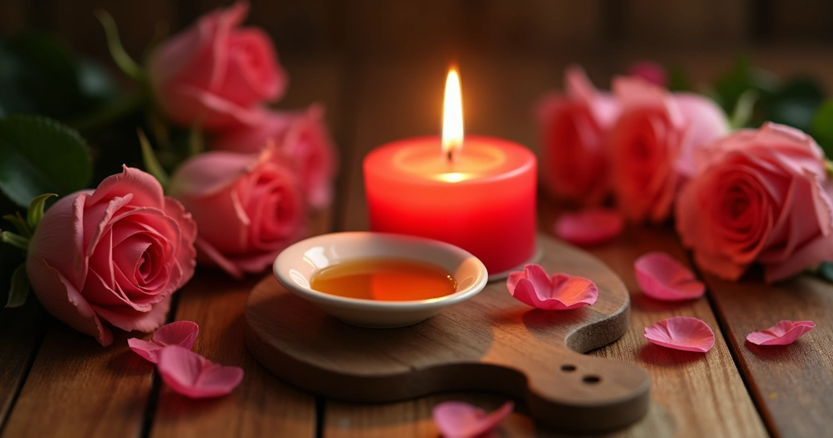 Mesa com vela vermelha, prato de mel e rosas cor-de-rosa iluminadas por luz suave 