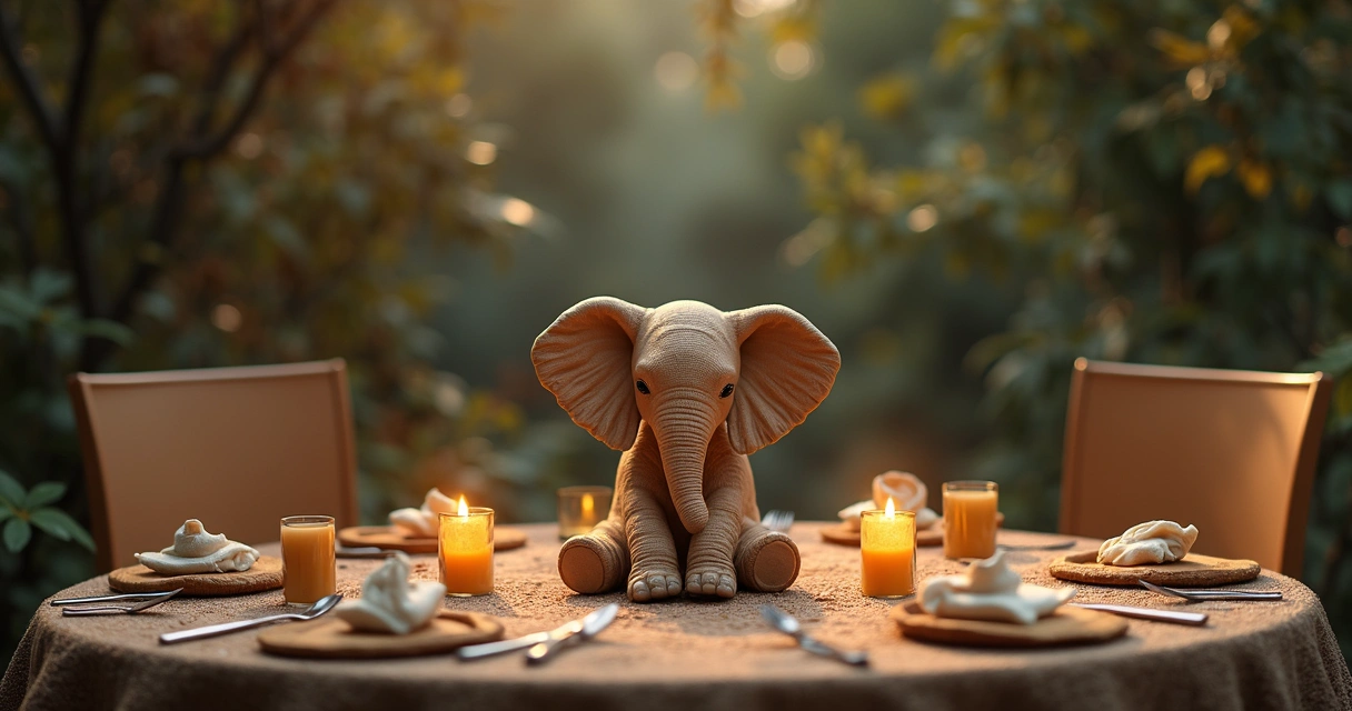 Toalha branca com imagem de elefante de madeira, moedas douradas espalhadas e vela acesa ao lado 