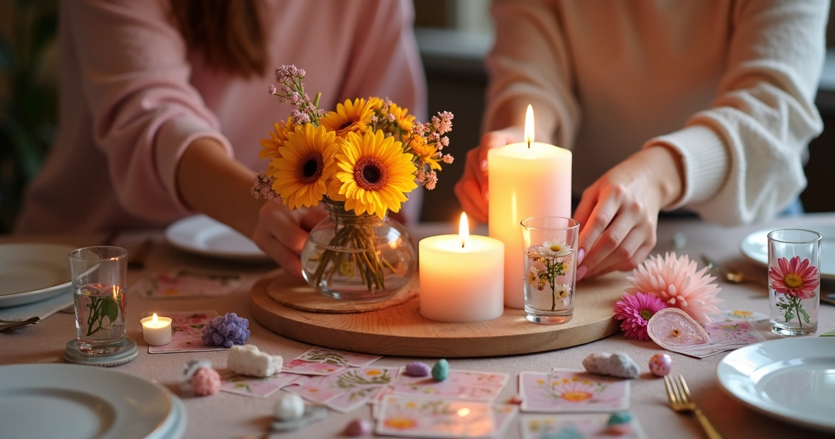 Mesa decorada com velas, cartas de tarot e flores 