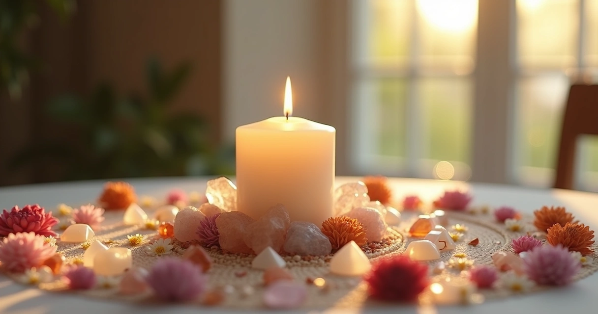 Mesa decorada com vela, cristais e flores em um ambiente sereno e intimista. 