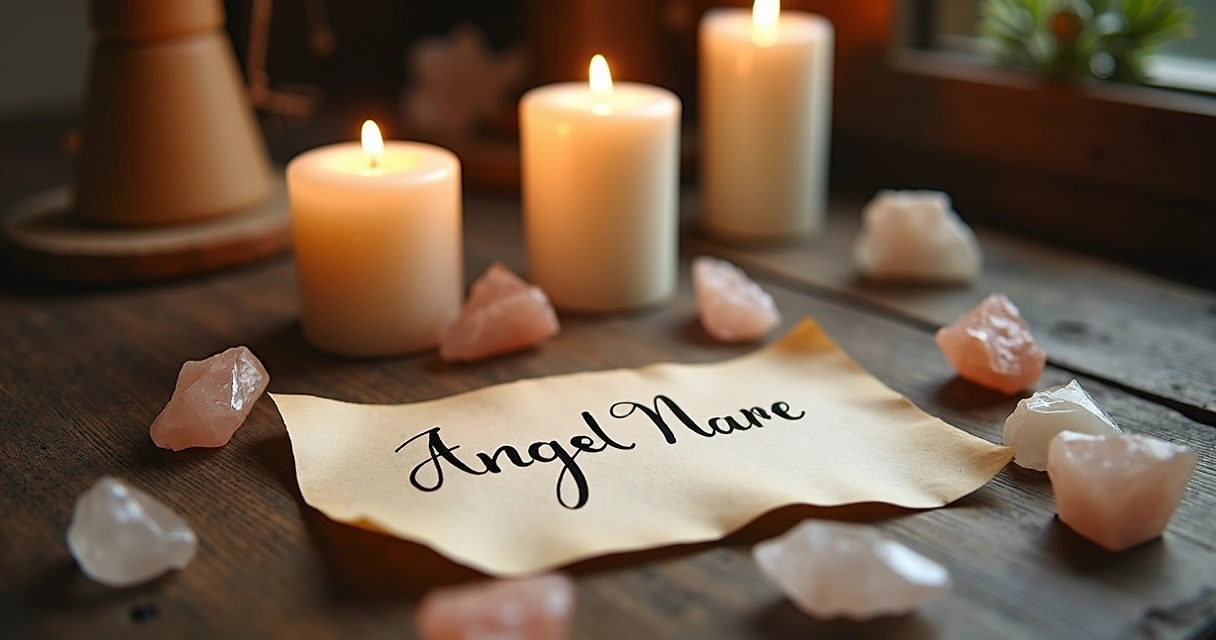 Mesa com velas brancas acesas, cristais e carta com nome de anjo cabalístico 