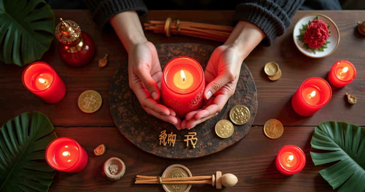 Pessoa realizando um ritual energético com elementos chineses e velas 