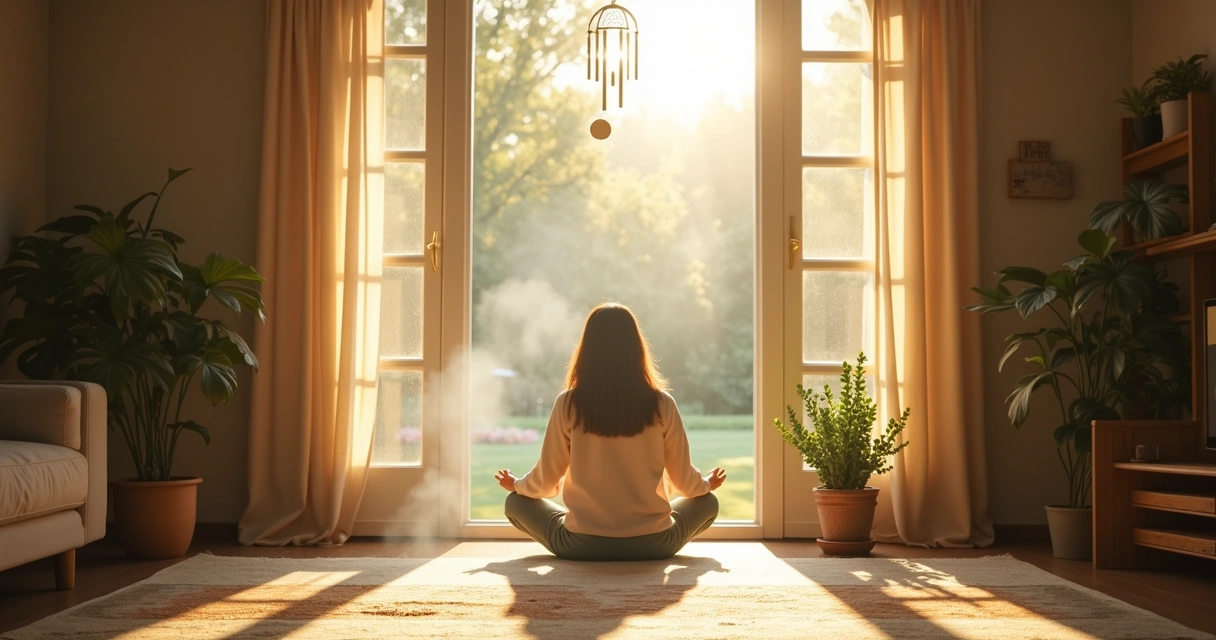 Ritual com incenso e janela aberta em uma sala iluminada, pessoa realizando magia
