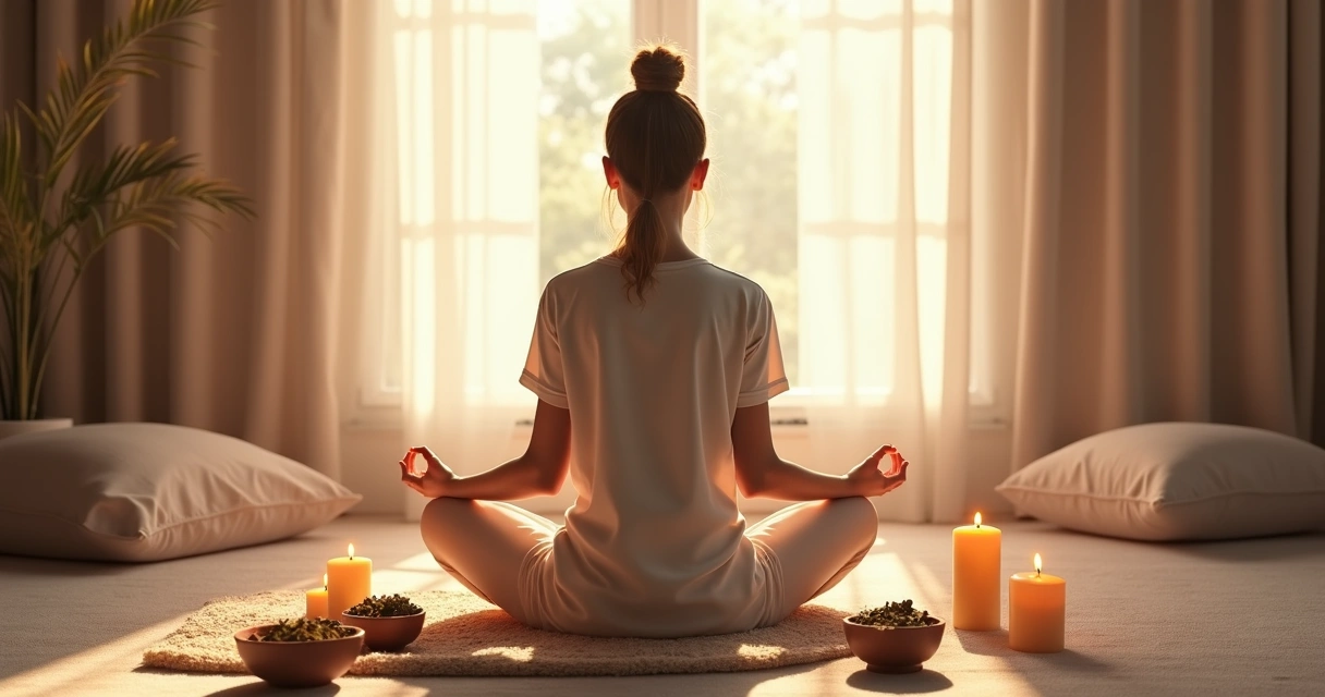 Pessoa meditando cercada de aromas e incensos 