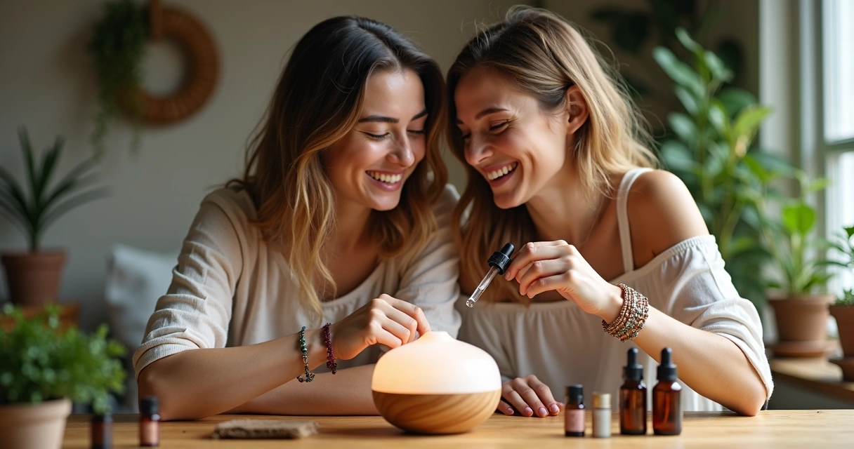 Duas pessoas sorrindo ao preparar difusor de óleos essenciais em casa