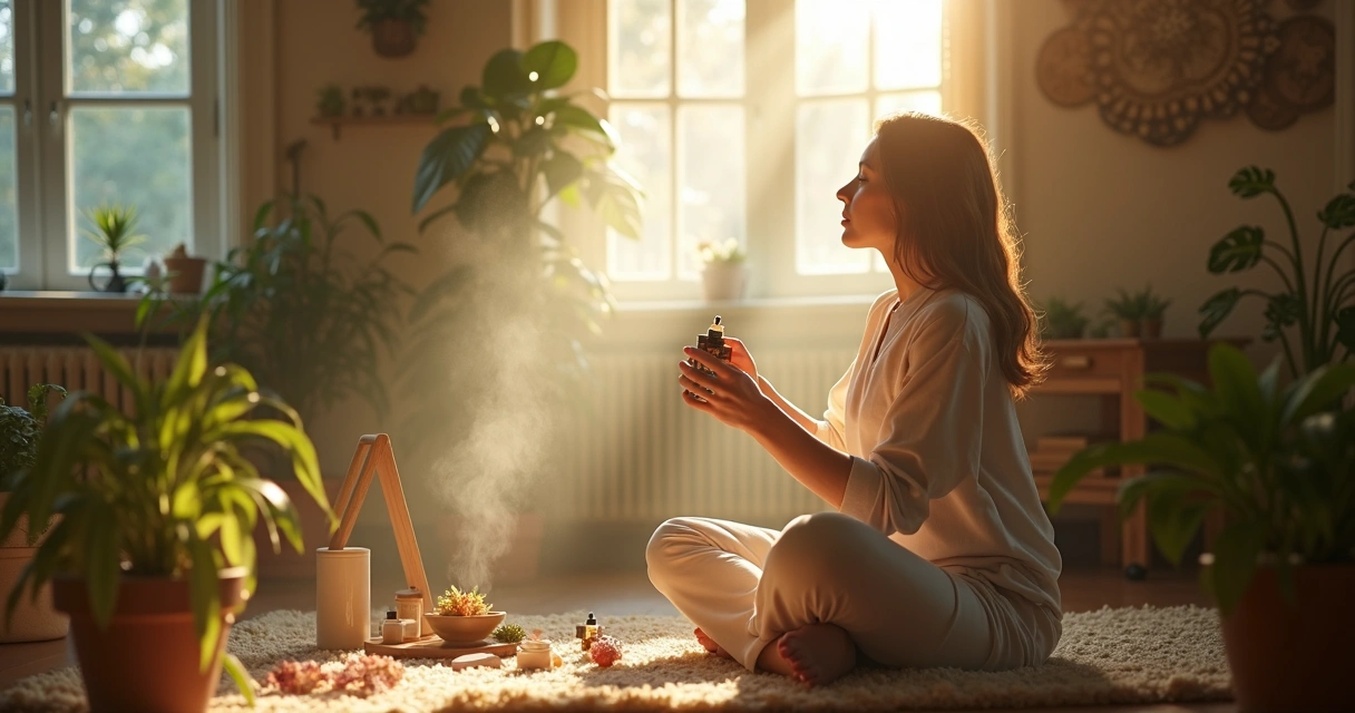 Mulher usando difusor de óleos aromáticos, respingando spray pela sala com plantas e luz natural 