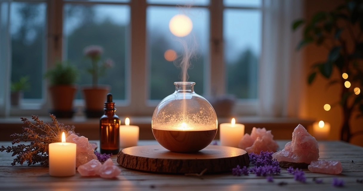 Difusor de aromas, velas e cristais em ritual lunar 