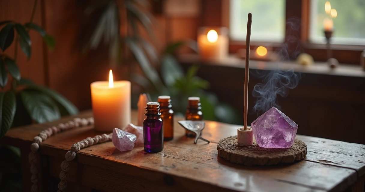 Mesa de ritual com óleos essenciais e cristais 