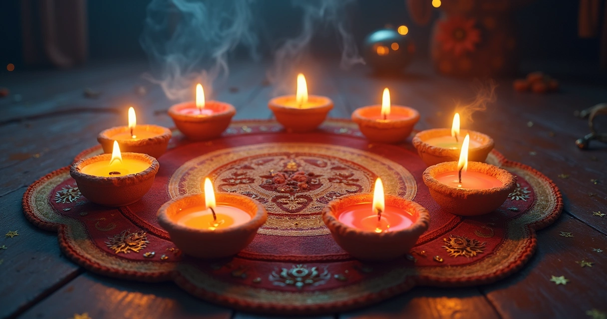 Velas coloridas, incensos e símbolos dos signos organizados em círculo sobre toalha de estrelas 