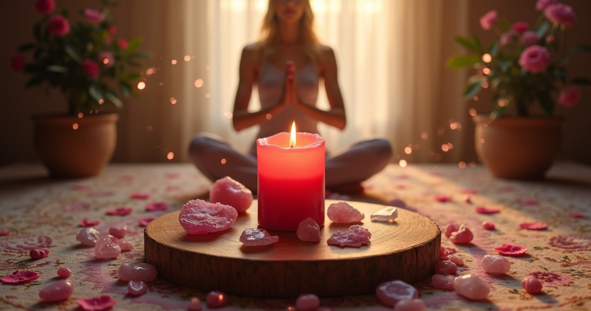 Cena de ritual mágico com velas, cristais e meditação, simbolizando atração de amor.