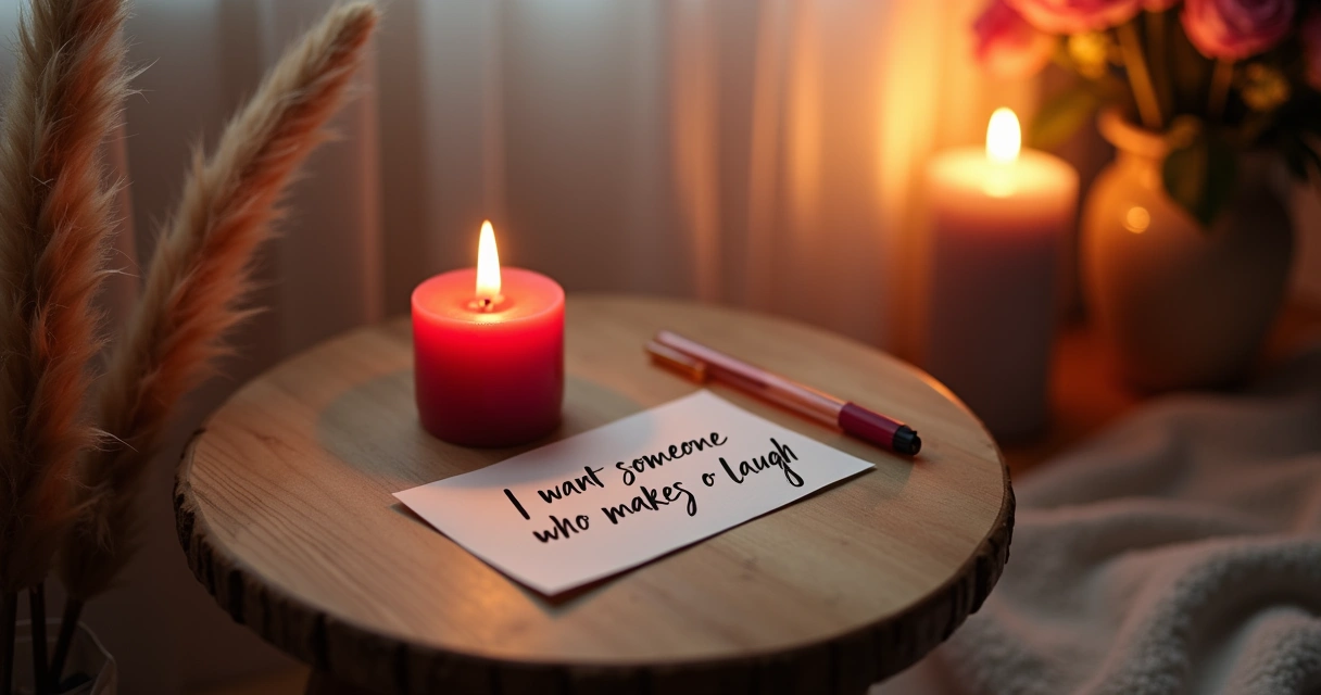 Ambiente tranquilo com vela vermelha, papel e caneta, simbolizando ritual para atrair amor.
