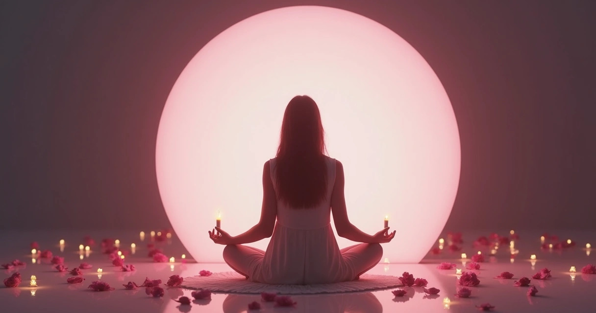 Mulher olhando para si mesma no espelho segurando uma vela acesa, ambiente suave com luz rosada 