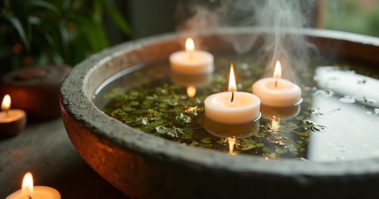 Banho ritualístico com velas acesas e ervas aromáticas