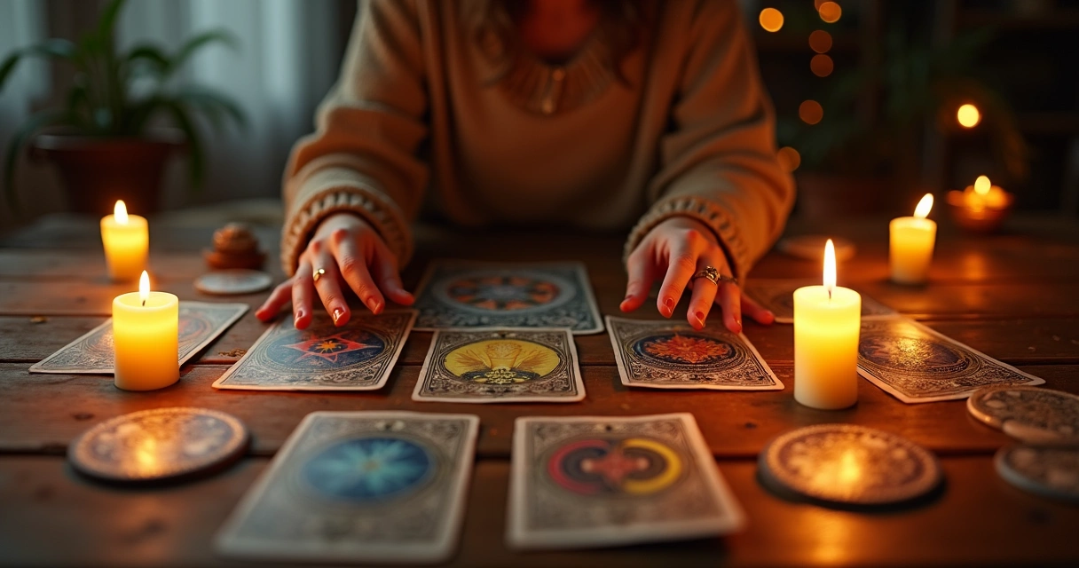 Pessoa em ambiente místico fazendo ritual de autoconhecimento com cartas e velas 