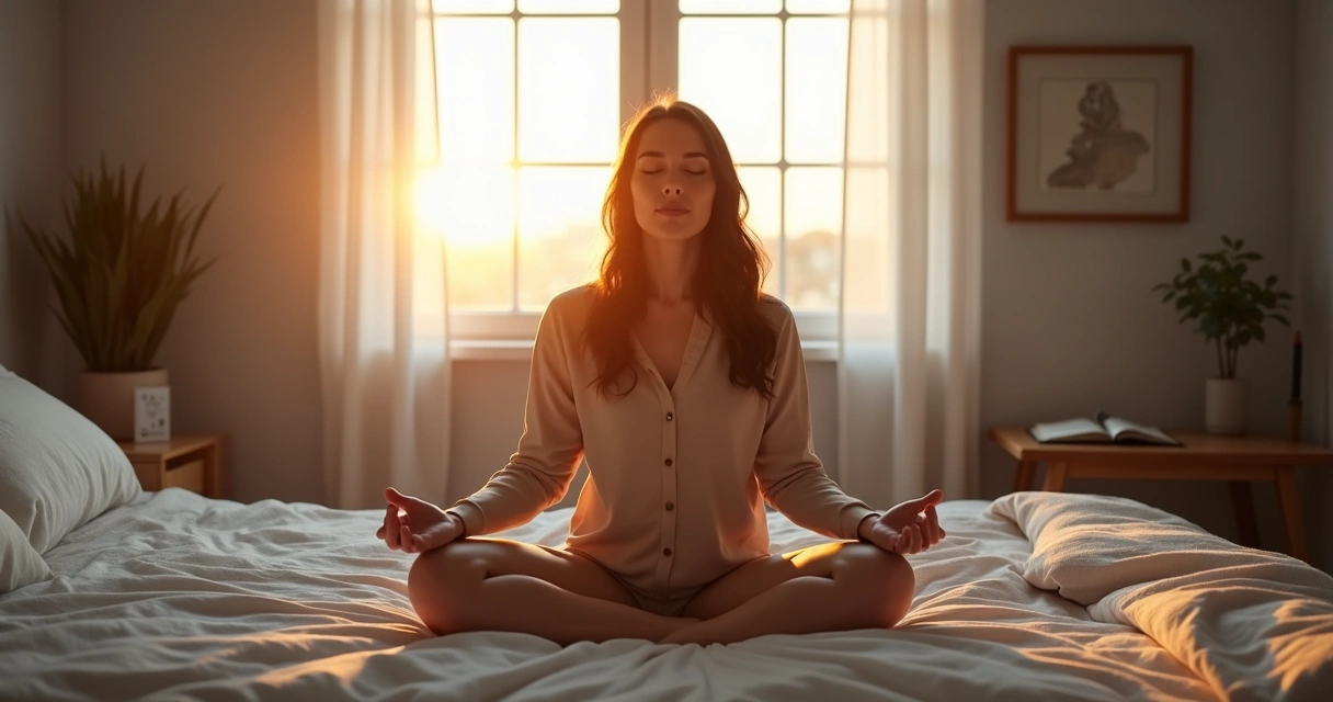Pessoa sentada na cama ao amanhecer fazendo meditação guiada 