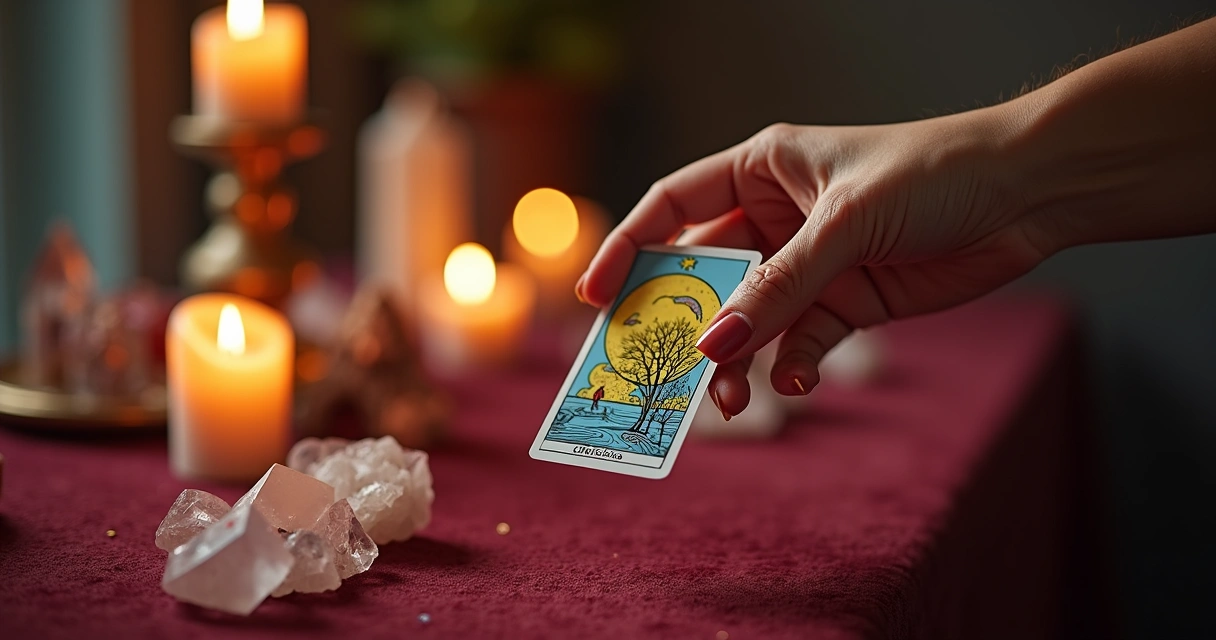 Pessoa tirando carta de tarot em ambiente místico com luz suave 