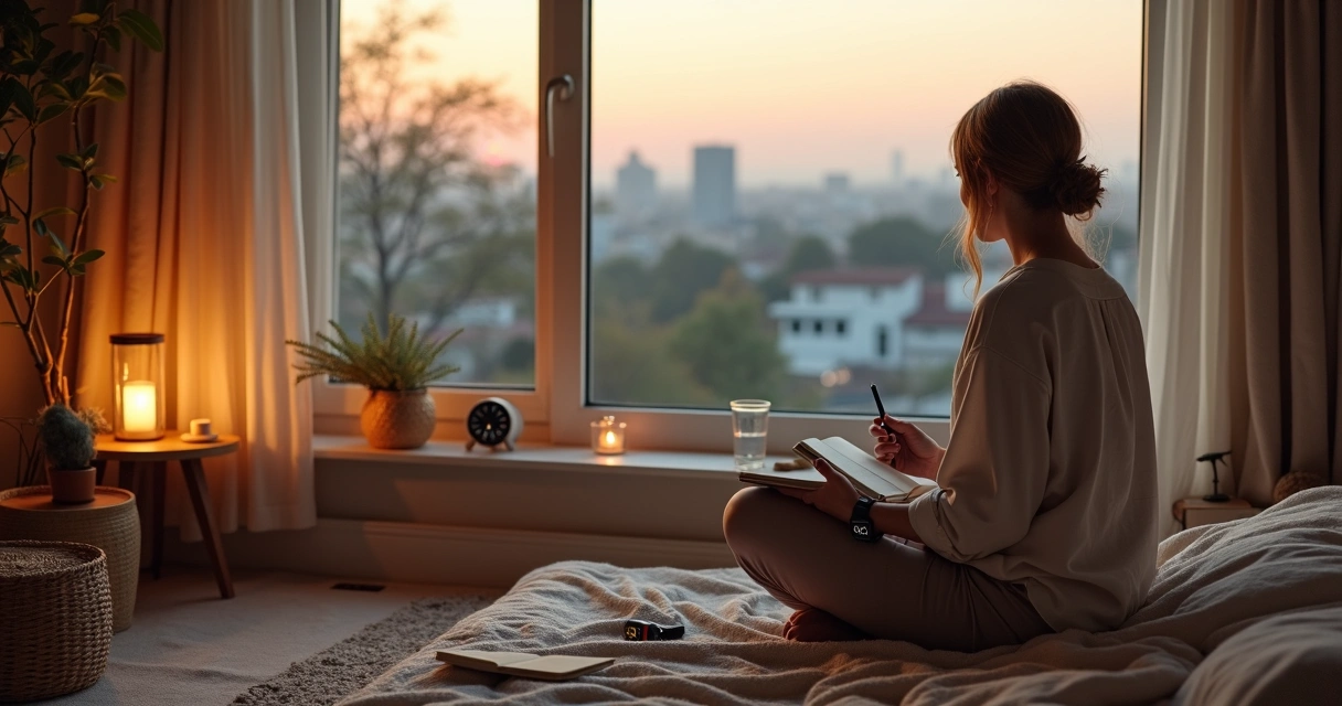 Pessoa registra ritual de autocuidado ao amanhecer perto de janela com objetos pessoais 
