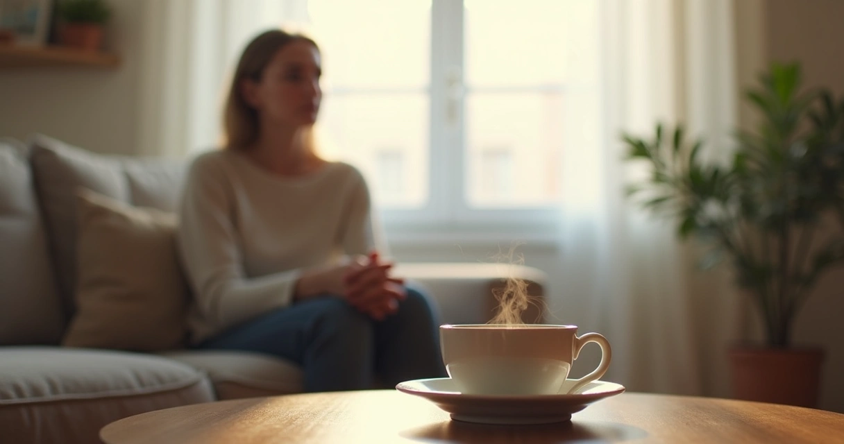 Pessoa sentada em posição relaxada em sala iluminada, praticando autocuidado emocional 