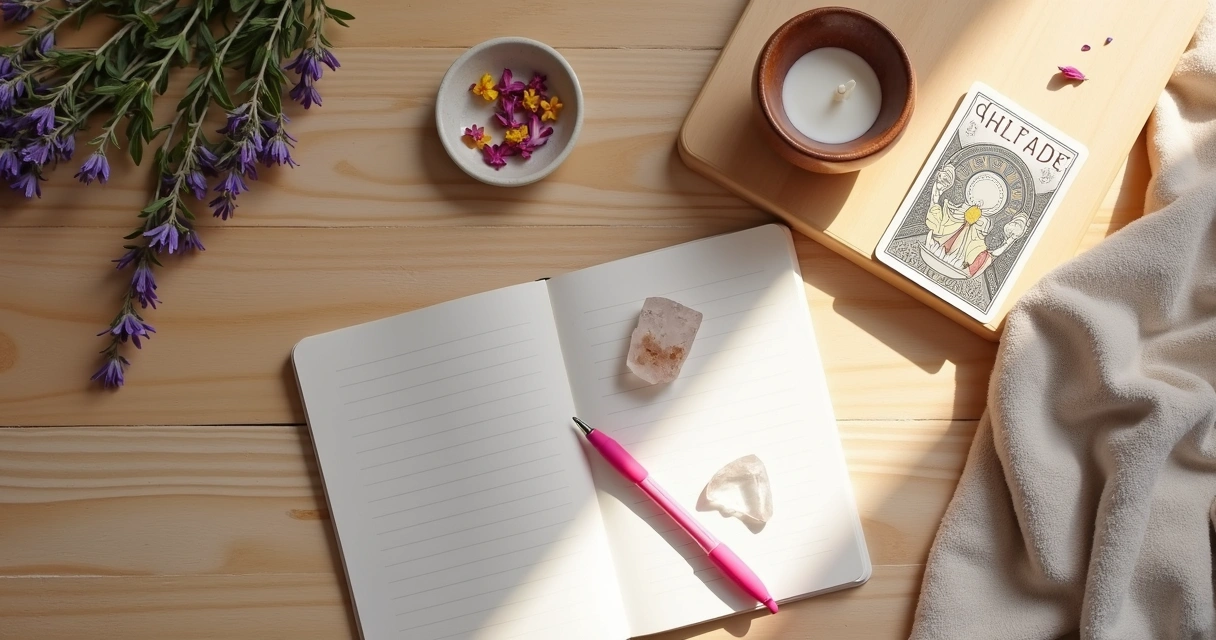 Mesa de madeira clara com itens de ritual  espiritual e velas acesas 
