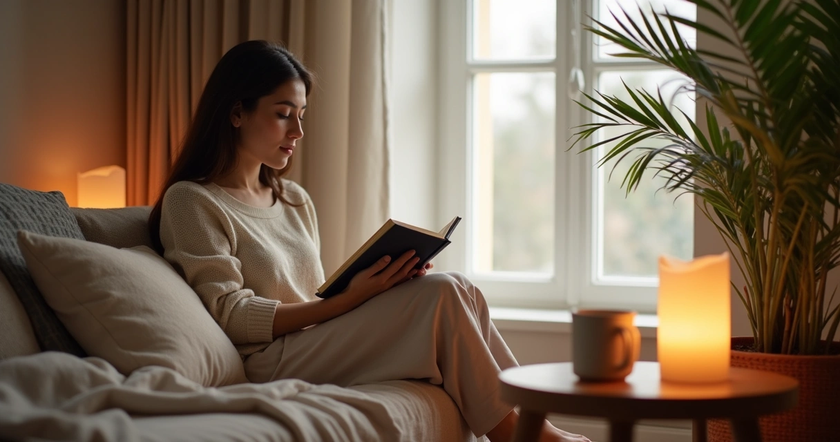 Persona sentada en su rincón de autocuidado con vela encendida y libro en mano 