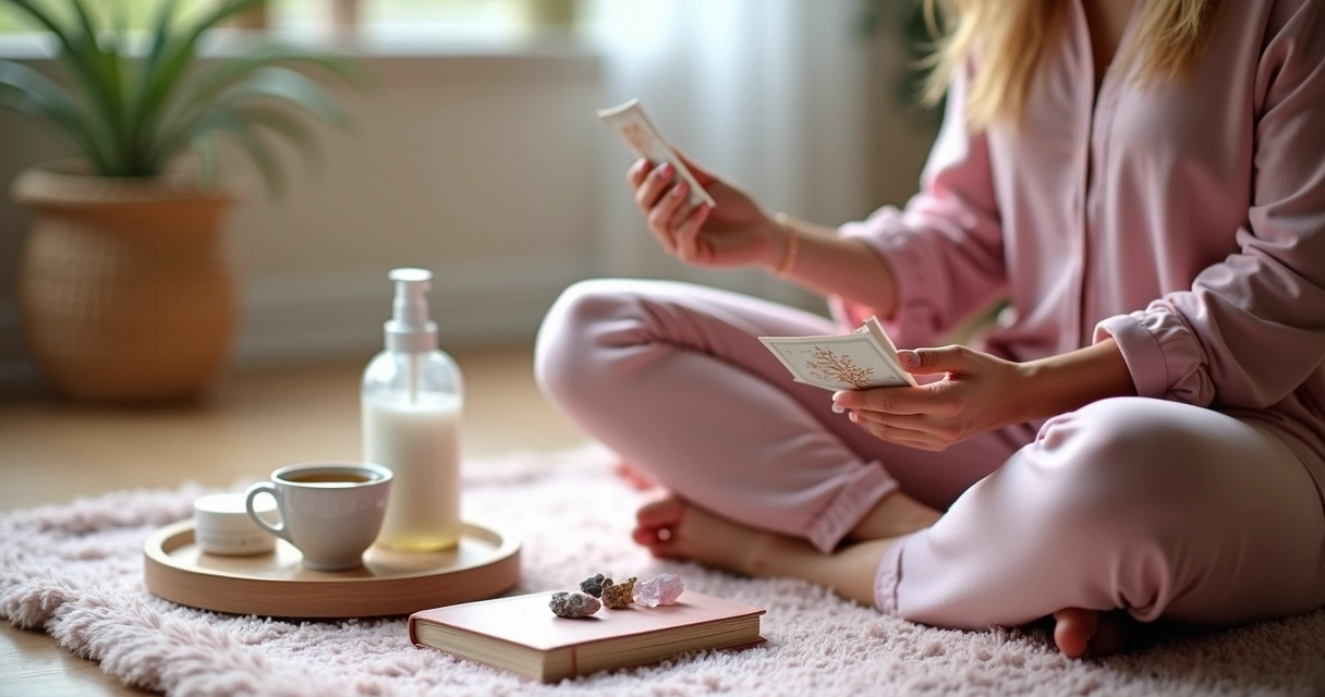 Mulher sentada em tapete, segurando cartas de tarot, itens de autocuidado ao lado, clima tranquilo 