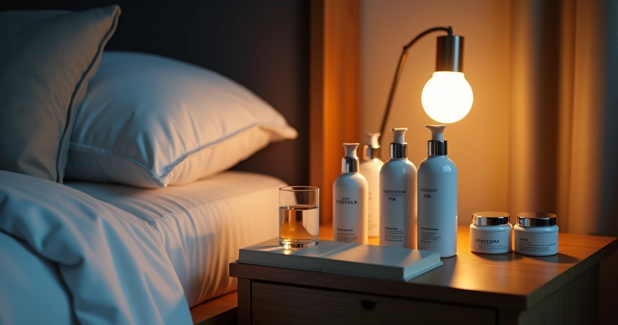 Ritual noturno de autocuidado ao lado da cama com produtos de skincare organizados na bancada