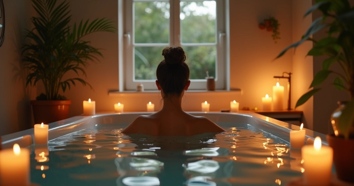 Pessoa relaxando na banheira com velas acesas ao redor 
