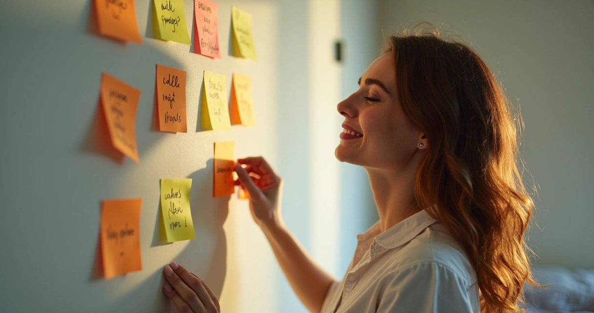 Mulher olhando para o espelho com post-it de frase positiva no vidro