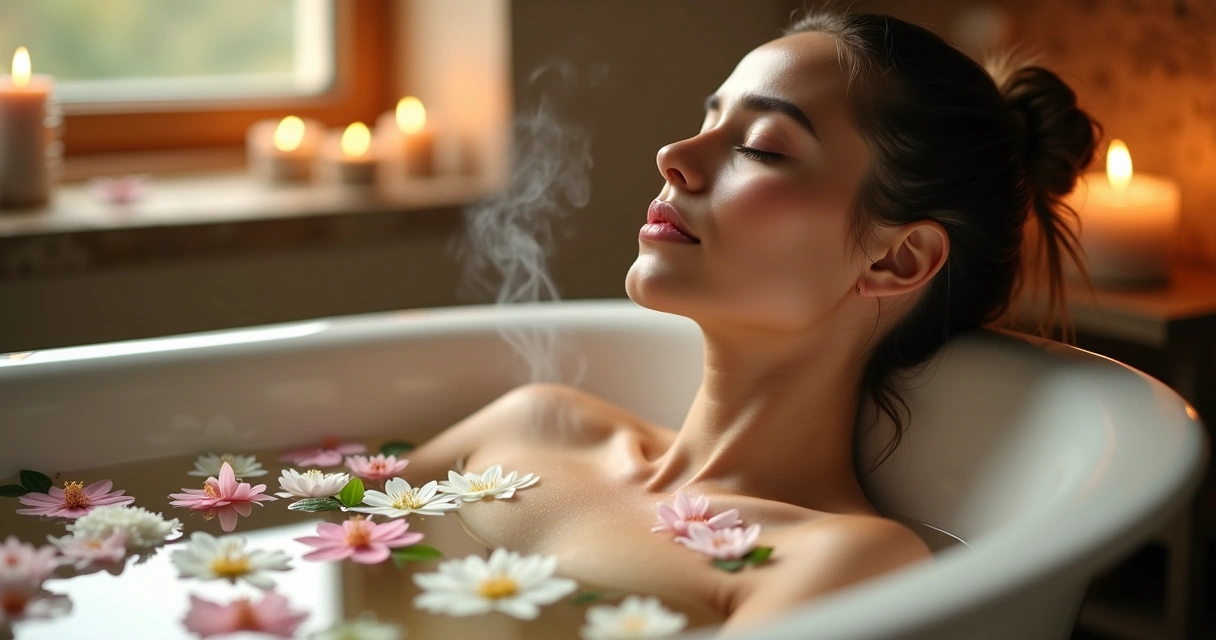Mulher relaxando em banheira com pétalas de flores e ervas 