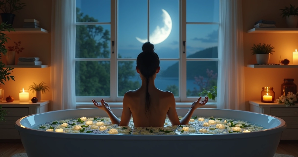 Pessoa meditando em banheira com pétalas ao luar crescente