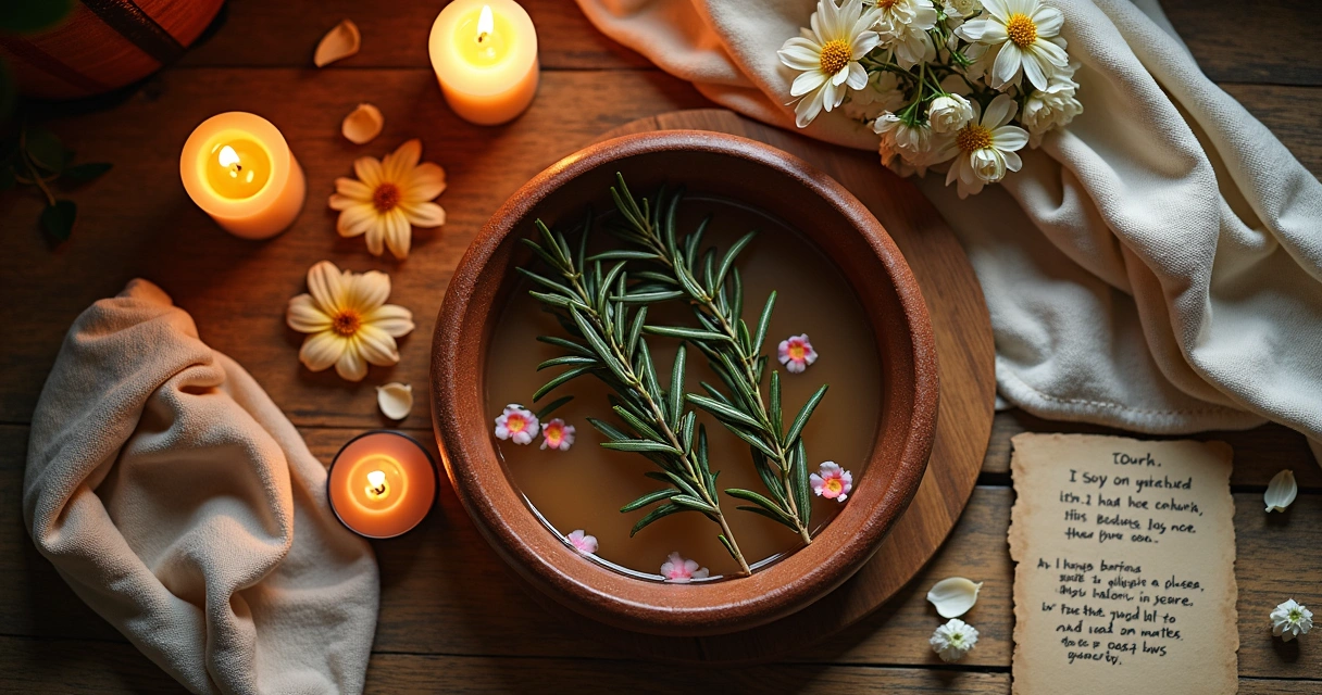Ritual de banho de alecrim com velas e flores no chão 