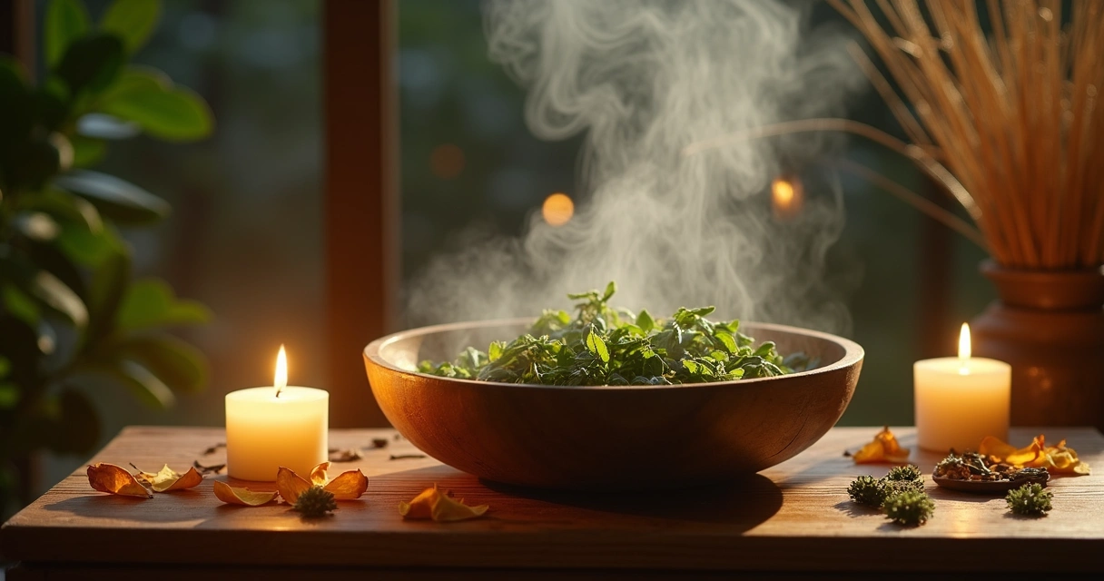 Ritual de banho de despedida com ervas, vela acesa e ambiente tranquilo