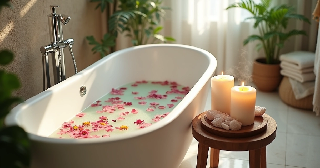 Banho com ervas e pétalas de flores em banheira branca 
