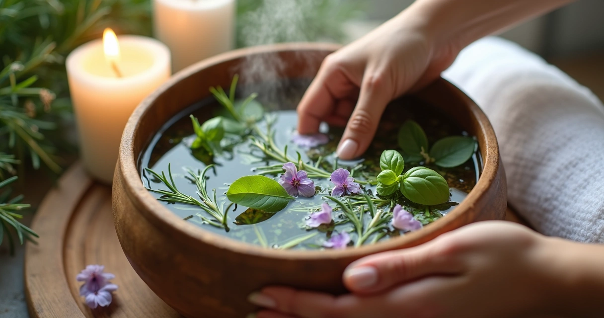 Banho de ervas energéticas em bacia de madeira, com mãos femininas destacando folhas verdes, pétalas de flores e vela ao fundo