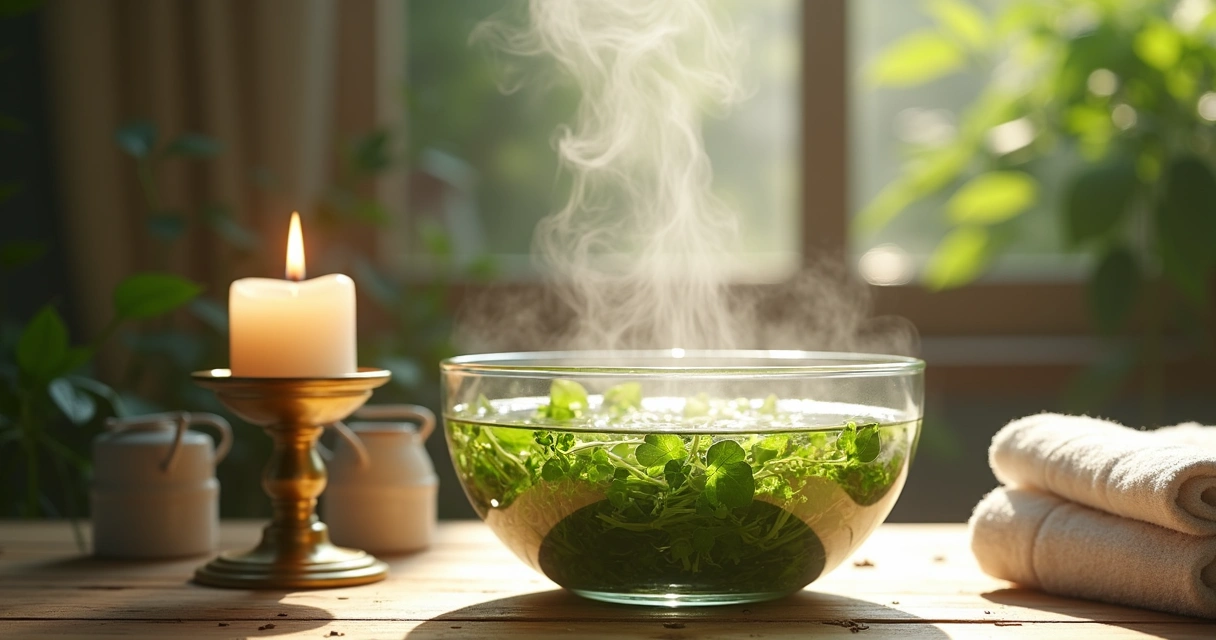 Banho de ervas ao lado de castiçal com vela
