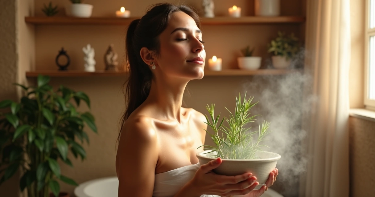 Ritual de banho de ervas com mulher em ambiente místico