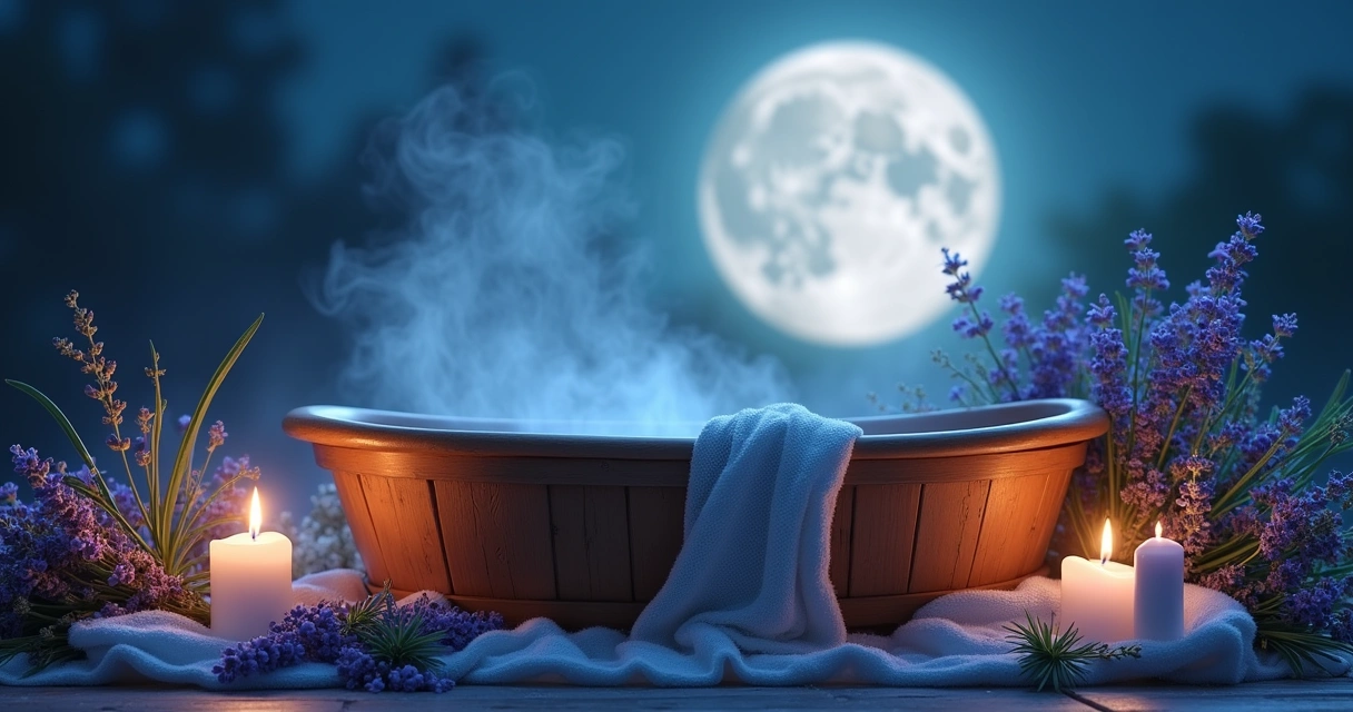Cena mágica de um ritual de banho sob a lua cheia, com ervas aromáticas e velas, criando uma atmosfera relaxante.