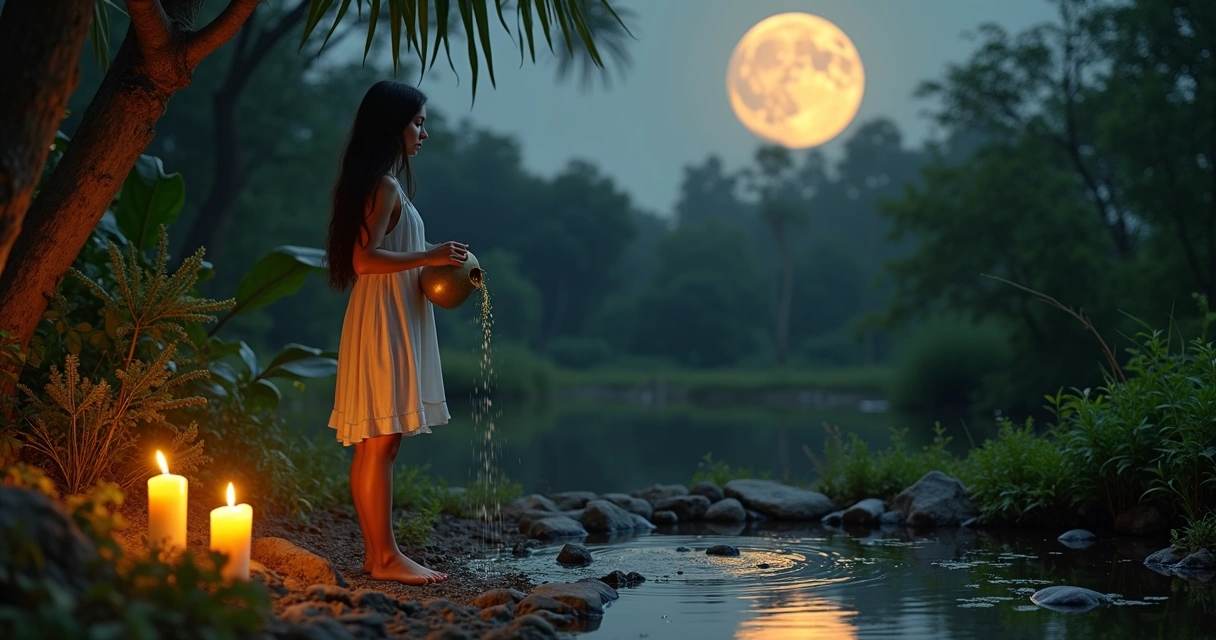 Mulher fazendo ritual de banho energético ao ar livre sob a luz da lua cheia