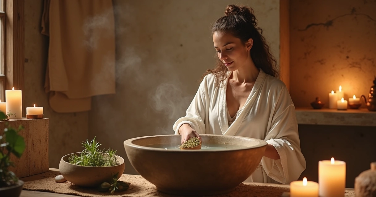 Mulher preparando o próprio banho energético, ervas ao redor e expressão tranquila 