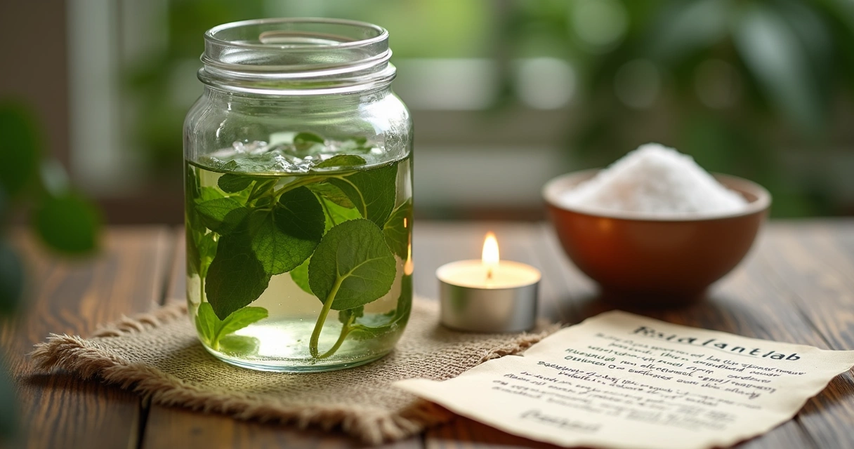 Pote de vidro com ervas, água e vela acesa ao lado. 