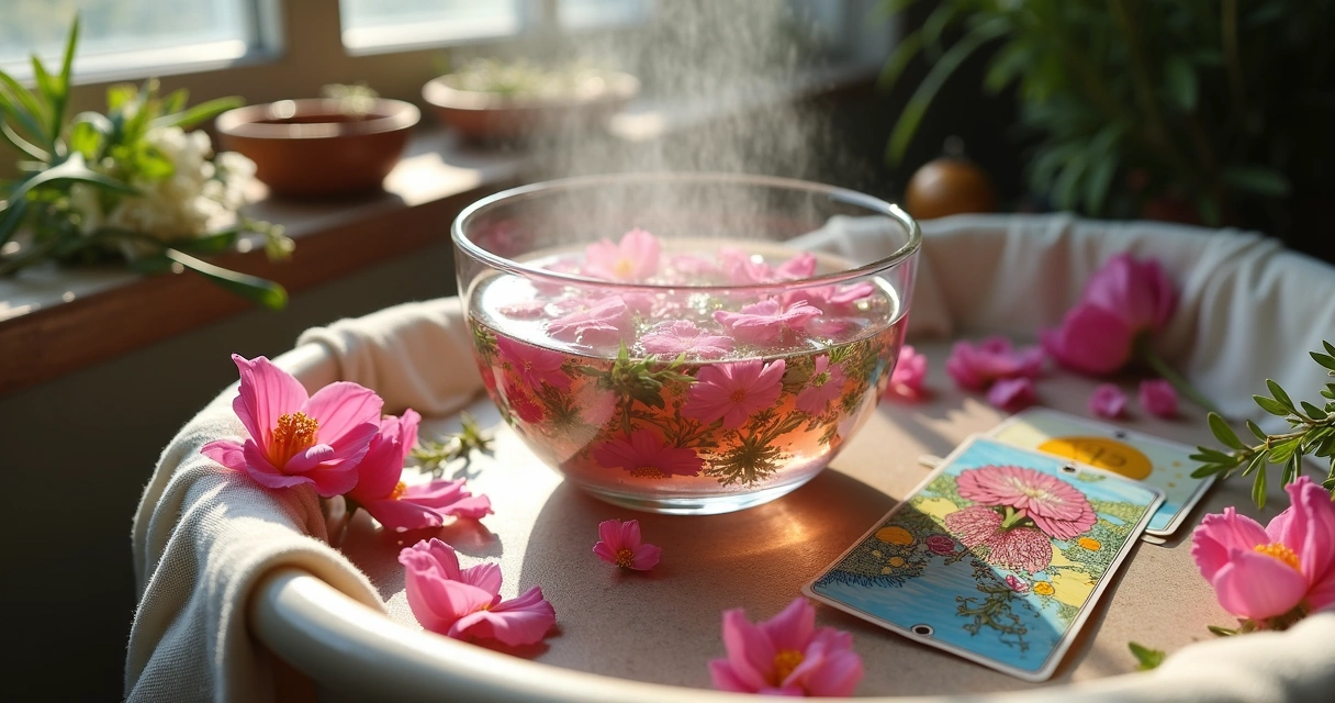 Banho energético preparado junto a cartas de tarot 