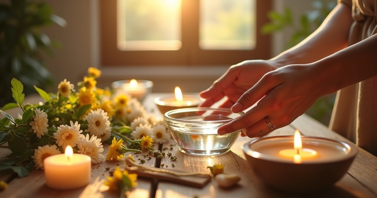 Banho energético sendo preparado em ambiente espiritual com ervas e velas