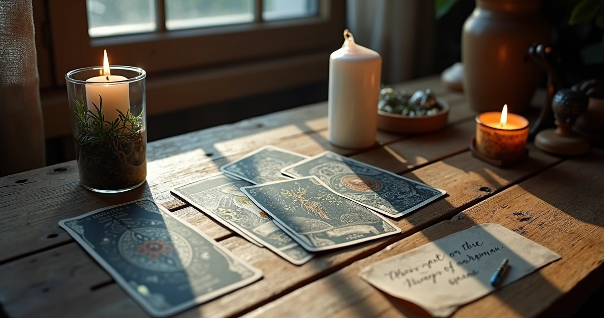 Mesa com copo de água, ervas, vela e tarot ao lado de janela com luz suave da lua 